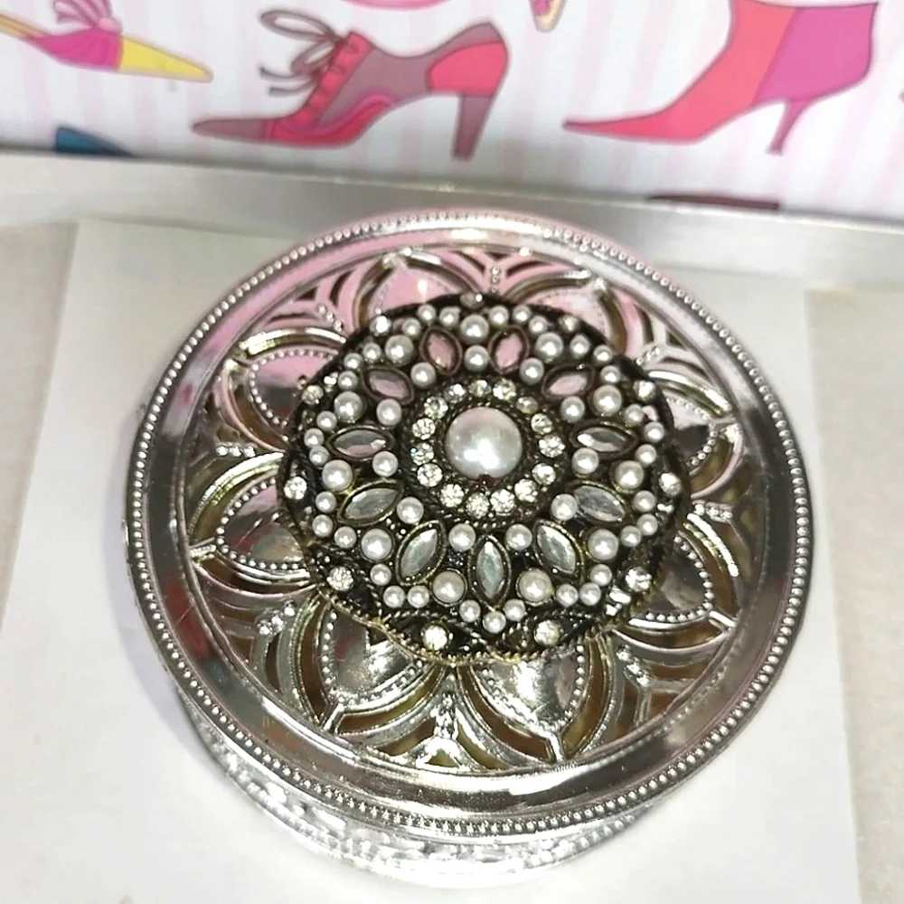 Silver Fancy Round Jeweled Container w/ Embellished Lid